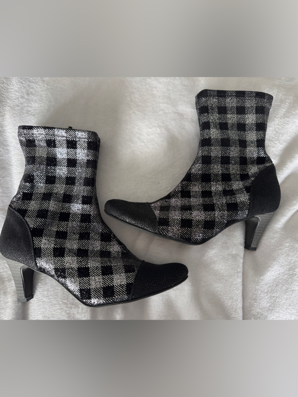 Plaid Black & Silver Stretch Ankle Booties